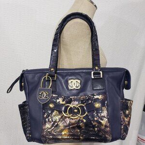 Original By Charif 1827 Navy Blue Leather Shoulder Bag w/ Key Chain & Wristlet